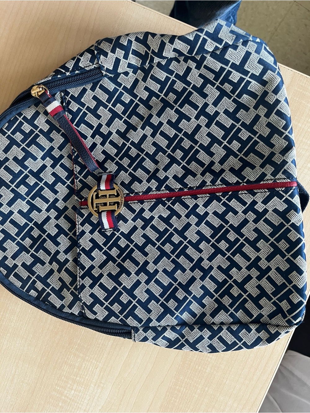 Tommy Hilfiger Navy and White Monogram Backpack with Signature Stripe
